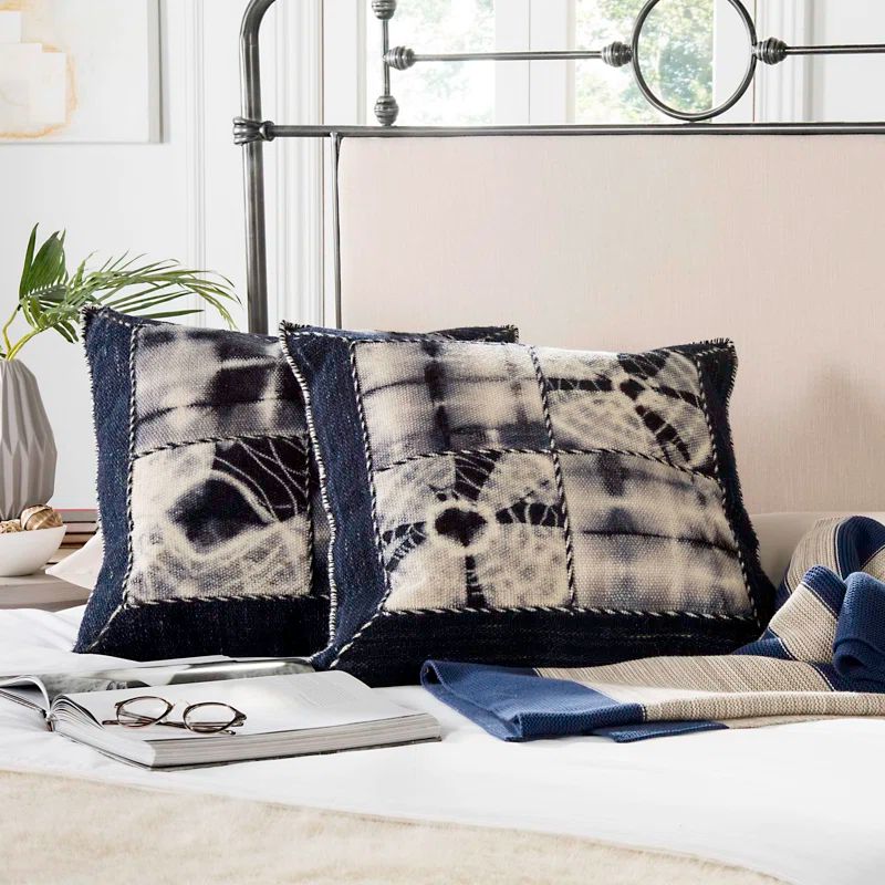 24" Blue Wool Cotton Jute Square Pillow Set