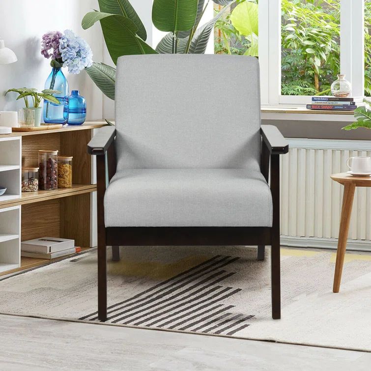 Light Gray Linen and Rubber Wood Modern Accent Chair