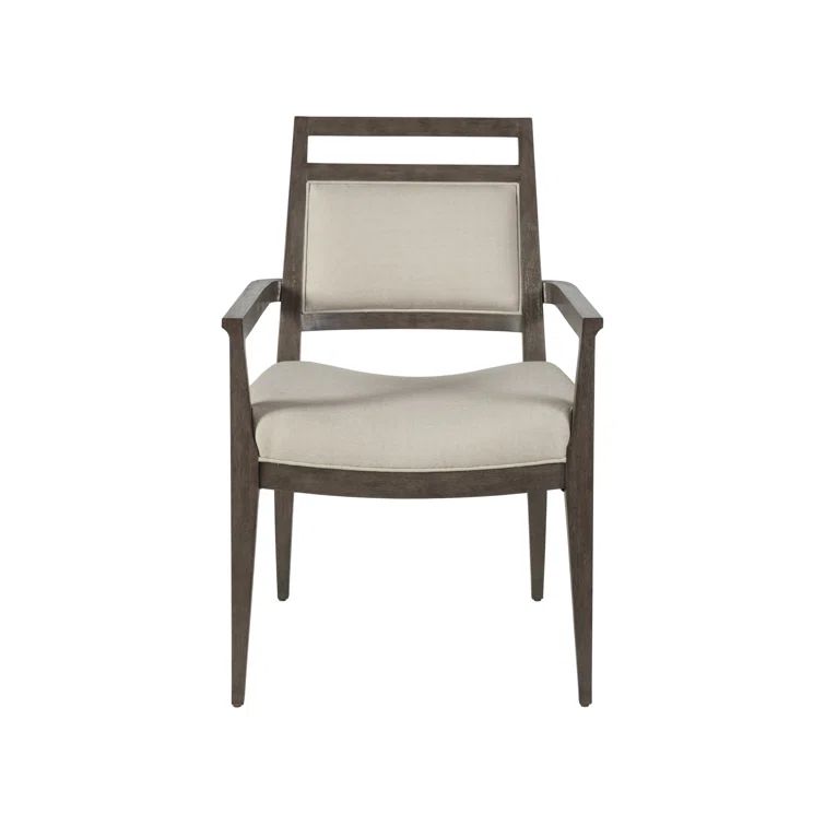 Antico Finish Mid-Century Upholstered Linen Arm Chair in Dark Brown