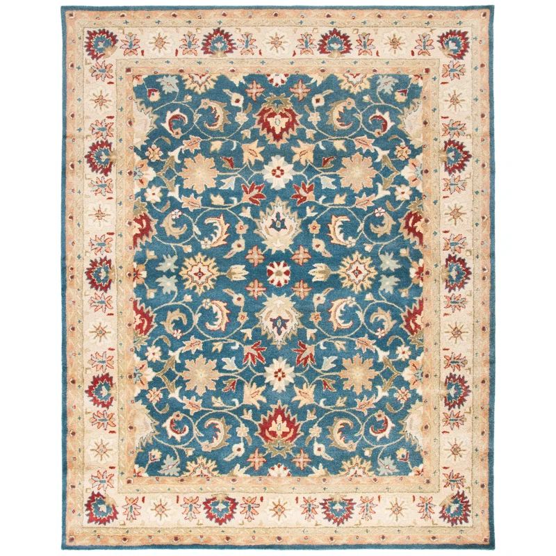 Elegant Blue and Beige Oval Wool Tufted Area Rug 7'6" x 9'6"