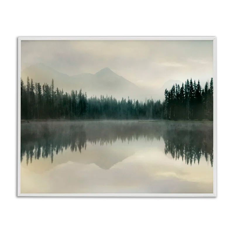 Foggy Lake Forest Landscape Framed Canvas Art in White Woodgrain