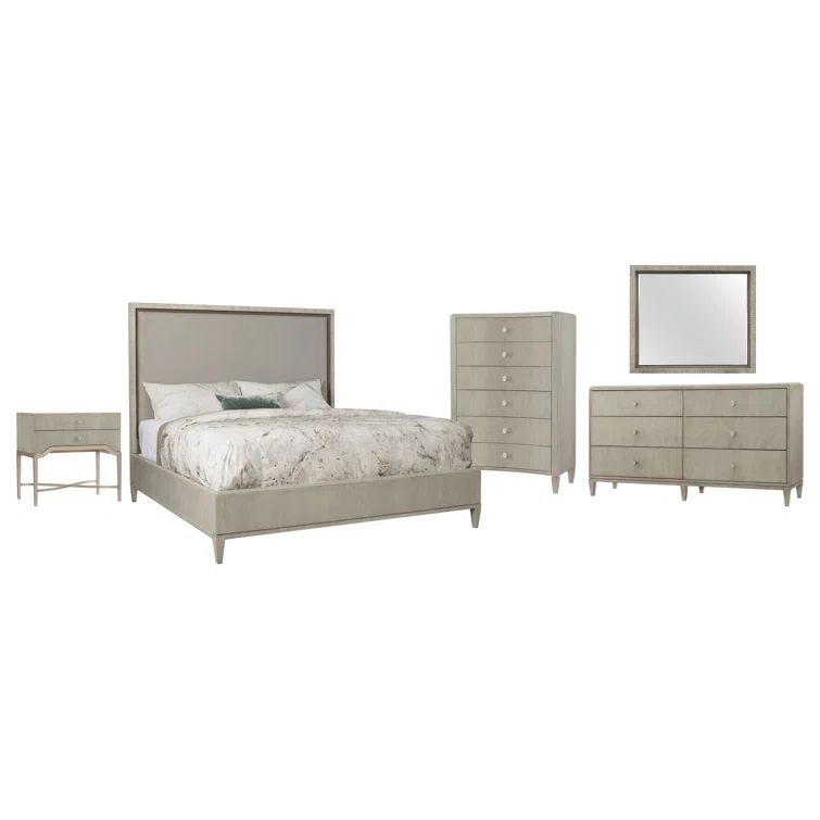 Gray Upholstered Queen Bed with Walnut Veneer Frame