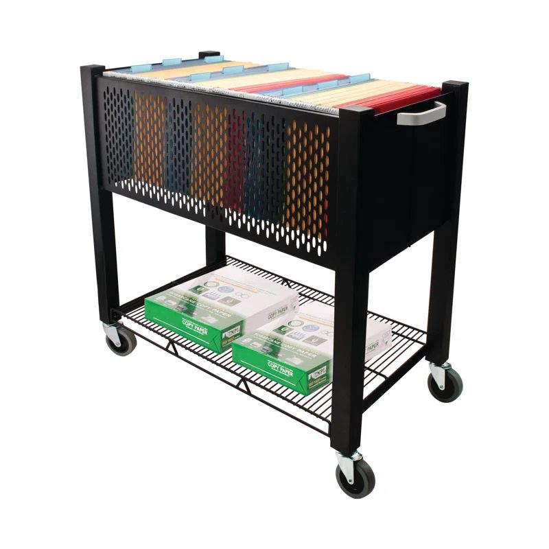 Black Steel Mobile File Cart with Push Handle and Locking Wheels