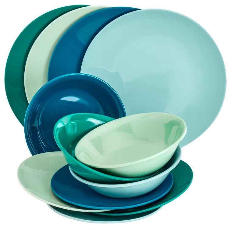 Peacock Blue and Light Green Melamine Dinnerware Set, Service for 4