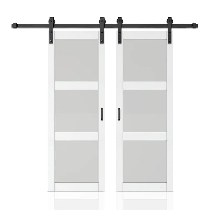 White Frosted Glass Double Sliding Barn Door Kit with Matte Black Hardware