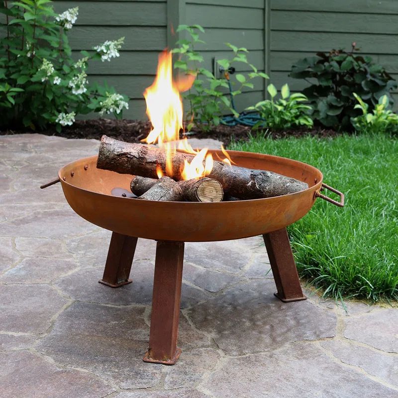 Rustic 30" Round Cast Iron Wood-Burning Fire Pit with Handles