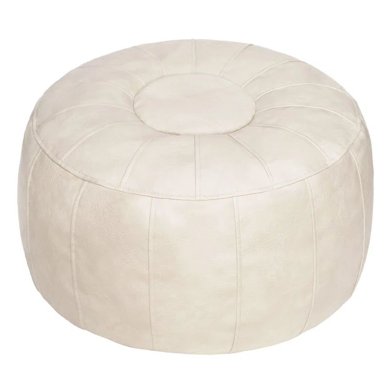 Ivory Faux Leather Round Moroccan Pouf Ottoman