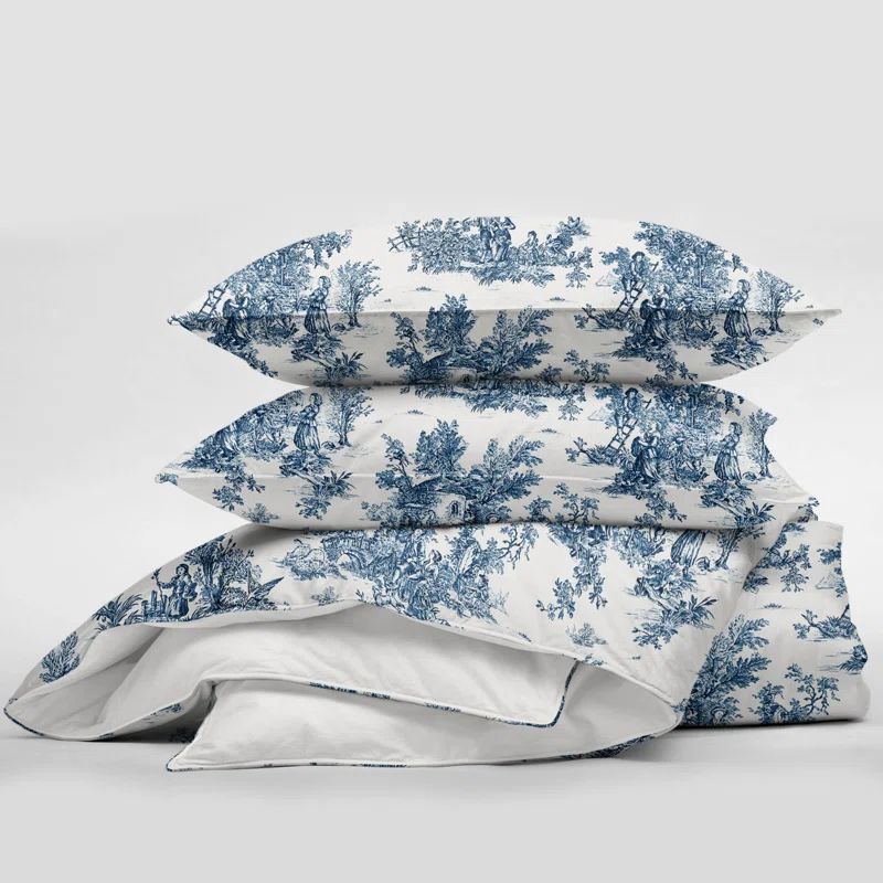 Blue Cotton French-Inspired Queen Coverlet Set with Shams