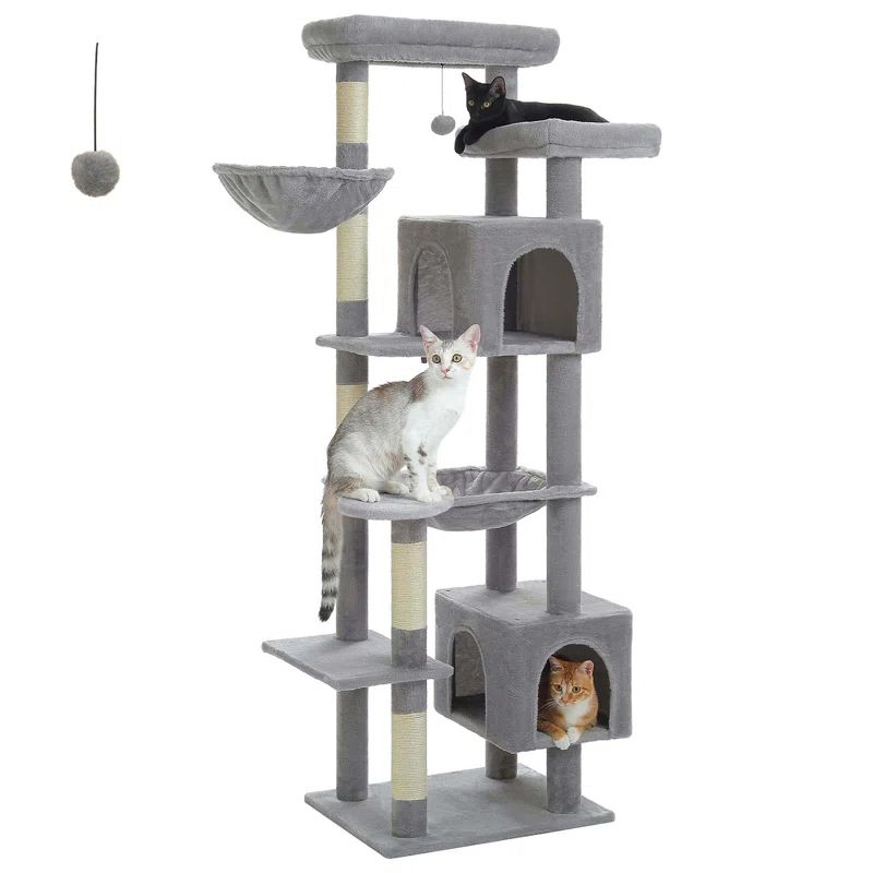 69" Gray Plush Cat Tree Tower with Hammock and Condo