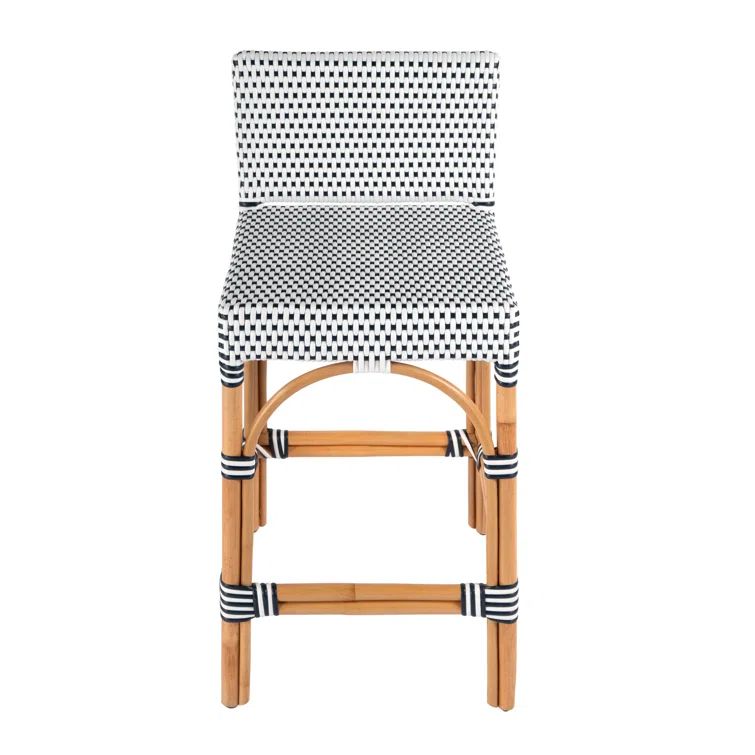 White and Navy Dot Rattan Low Back Counter Stool