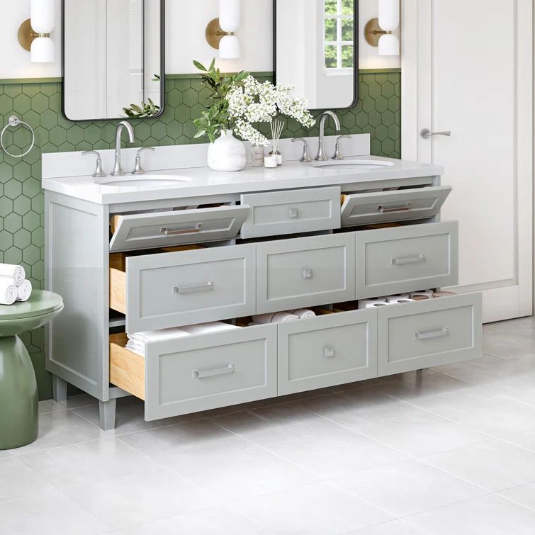 Monroe 67" Light Gray Wood Double Sink Vanity with White Quartz Top