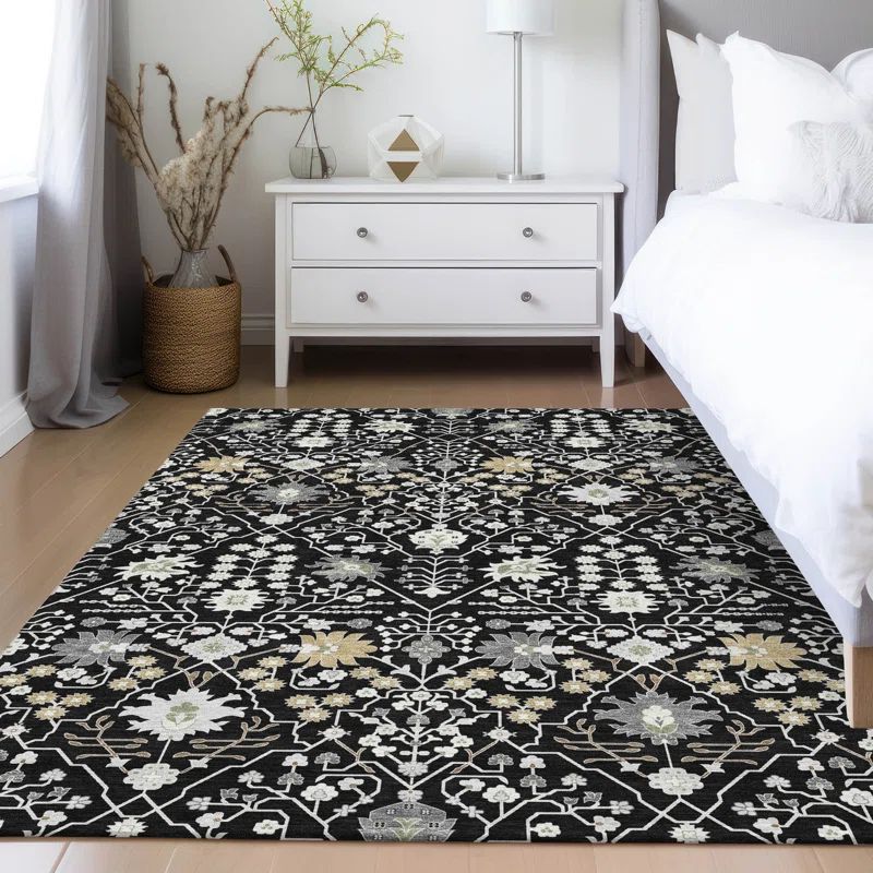 Black Synthetic Flat Woven Rectangular Washable Area Rug 5' x 7'