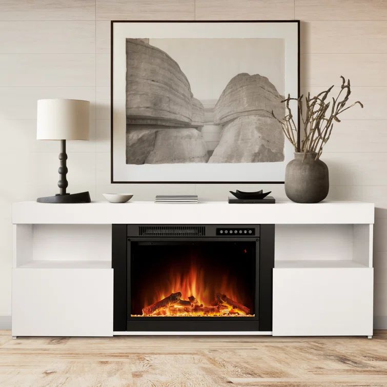 White Modern TV Stand with Electric Fireplace for 60" TVs