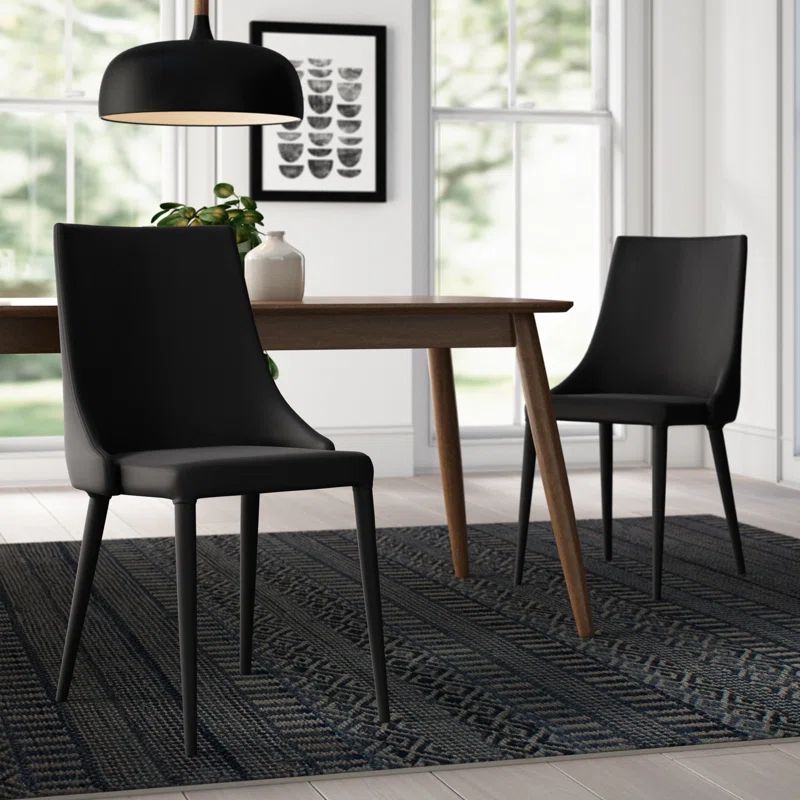 Black Leather Upholstered Side Chair with Metal Legs, Set of 2