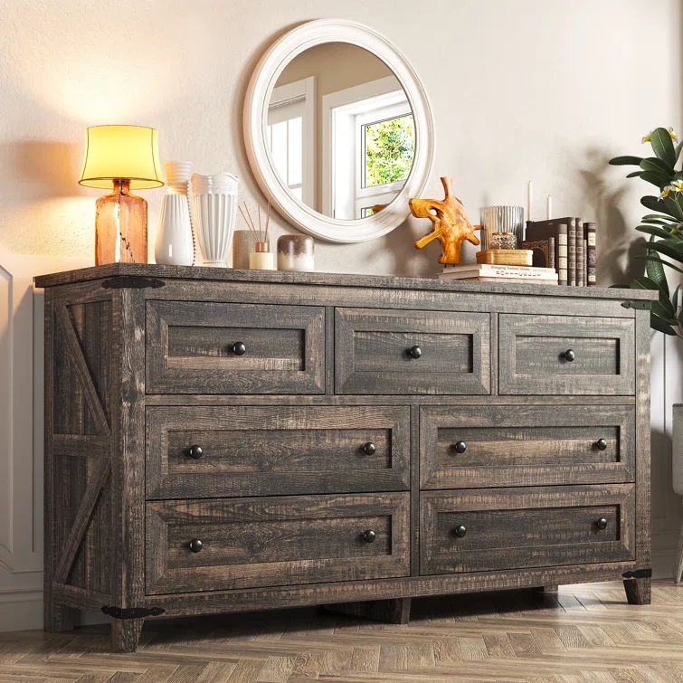 Dark Rustic Oak Farmhouse 7-Drawer Wood Dresser