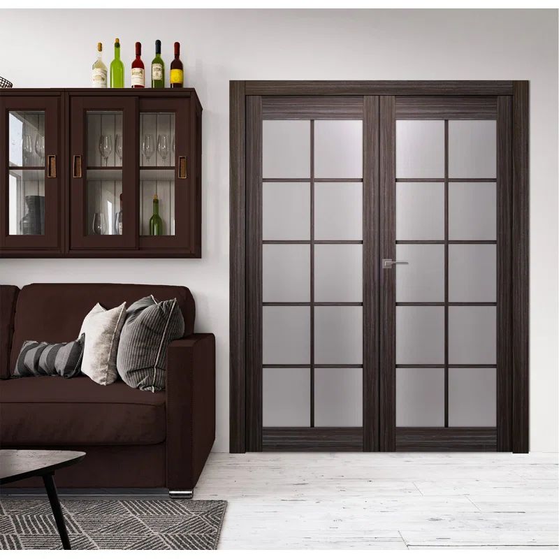 Gray Oak Composite Double Prehung French Door with Frosted Glass