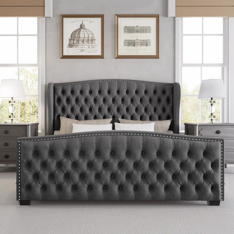 Queen Gray Velvet Upholstered Platform Bed with Tufted Headboard