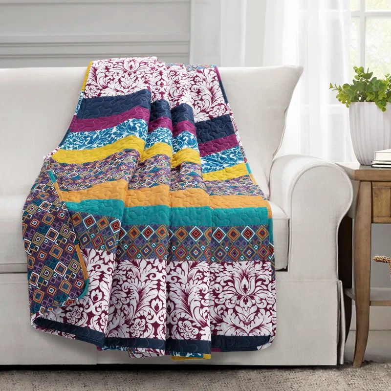 King Size Boho Stripe Reversible Cotton Quilt Set in Purple and Yellow