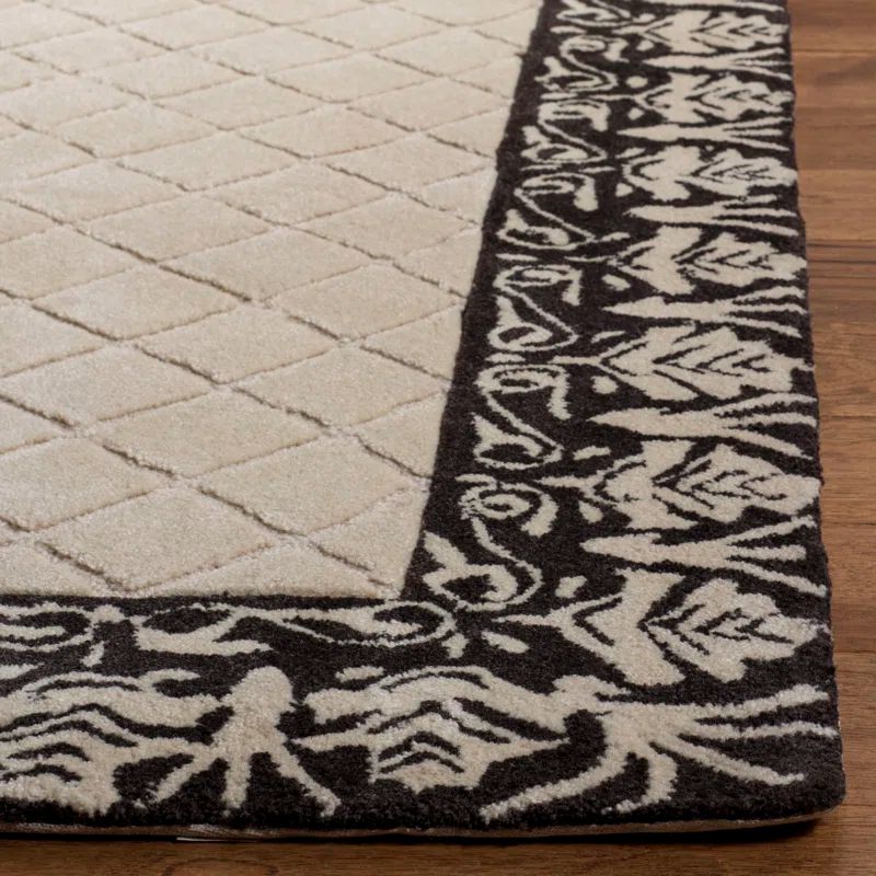 Gray Hand Hooked Synthetic Runner Rug with Floral Border