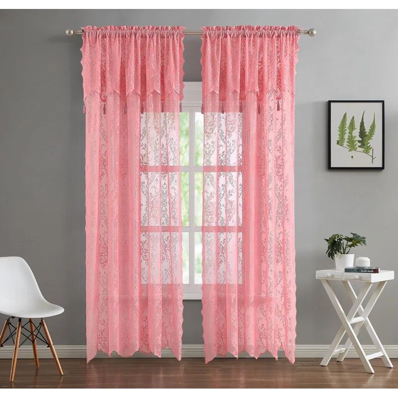 Rose Sheer Lace Window Panels with Tassels and Valance