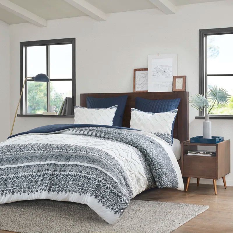 King Blue Cotton Reversible Bedspread Set with Textured Accent