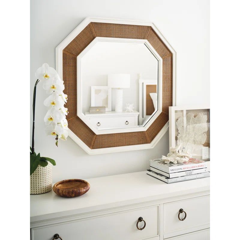 Mid-Century Modern Octagonal Brown and White Wood Wall Mirror