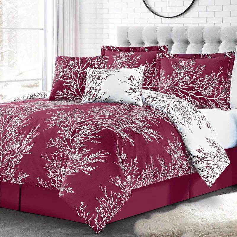 Burgundy and White Reversible Microfiber Queen Comforter Set