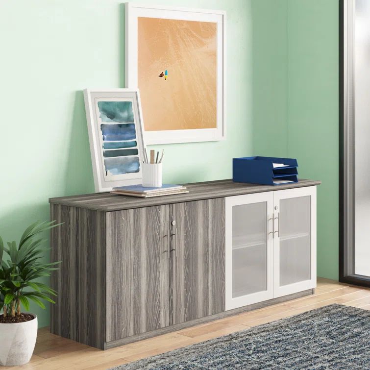Gray Steel Office Credenza with Adjustable Shelving and Lockable Doors