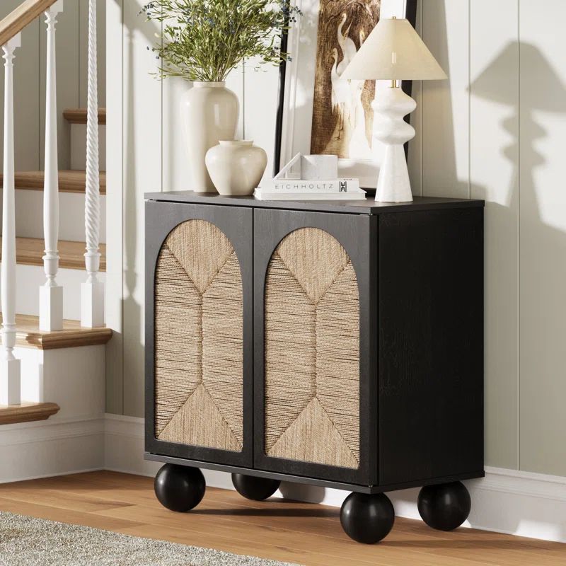 Black Boho Storage Cabinet with Seagrass Doors and Solid Wood Legs