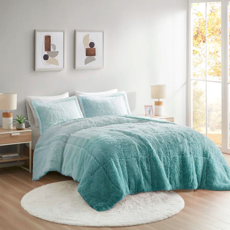Aqua Ombre Twin Shaggy Faux Fur Comforter Set