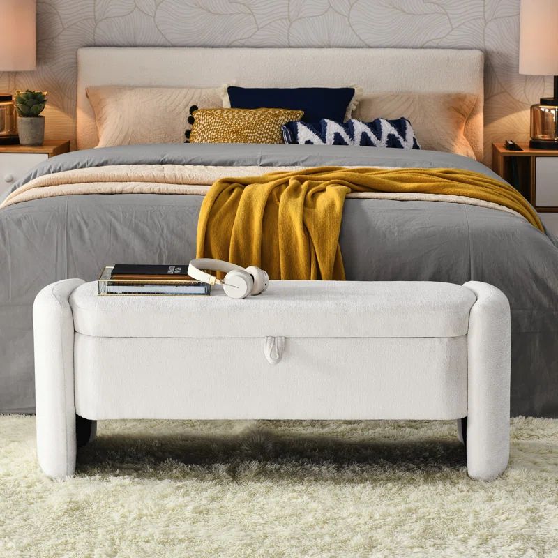 Cream White Chenille Fabric Oval Storage Ottoman Bench