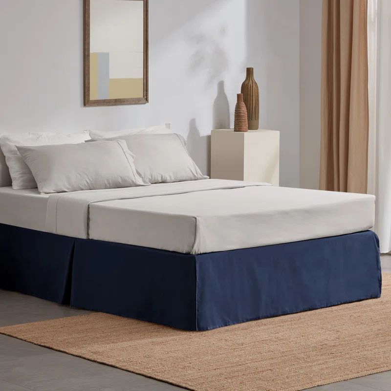 Navy Blue Queen Size Polyester Pleated Bed Skirt with 15-inch Drop