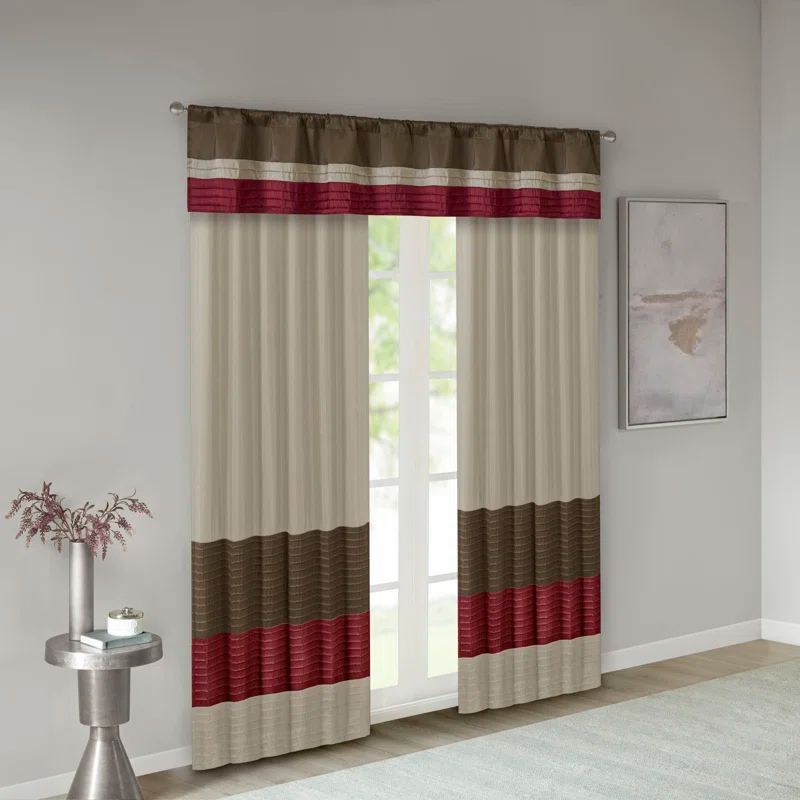 Red and Tan Polyoni Pintuck Window Valance with Rod Pocket