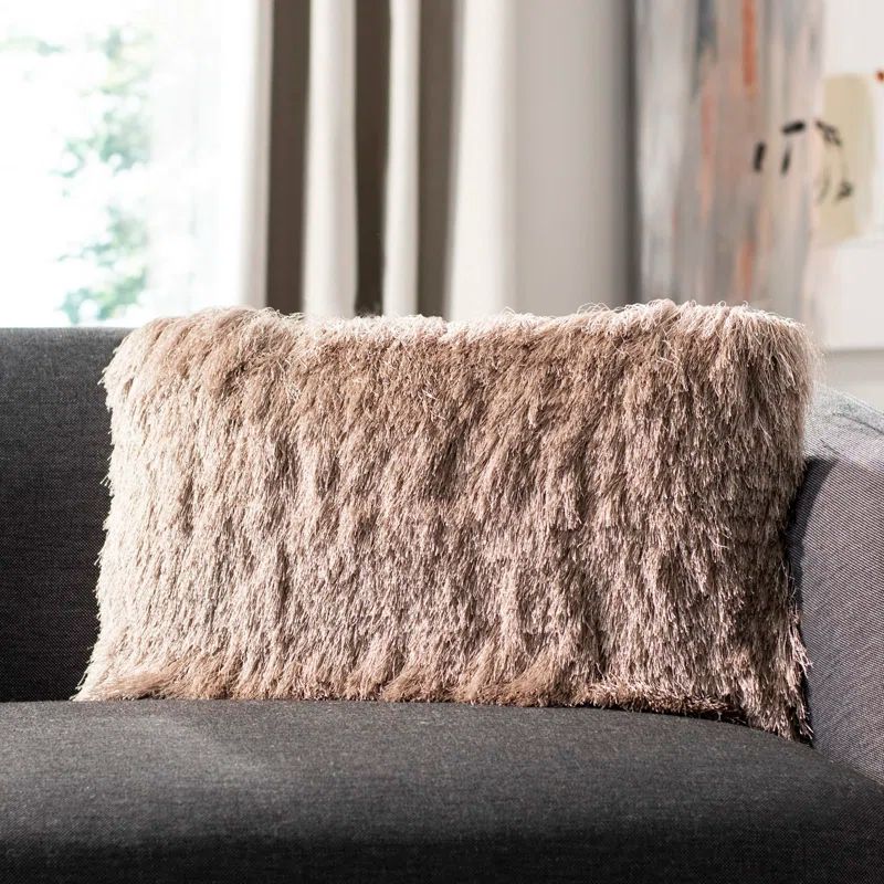 Beige Rectangular Shag Accent Pillow with Zipper Closure