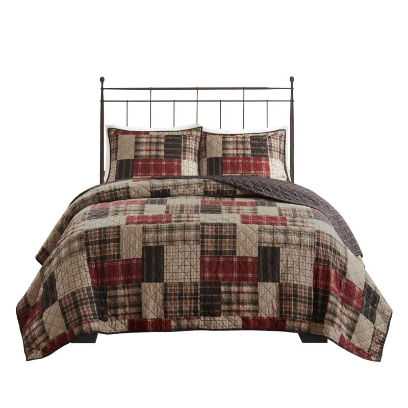 Full Red and Black Microfiber Reversible Quilt Set