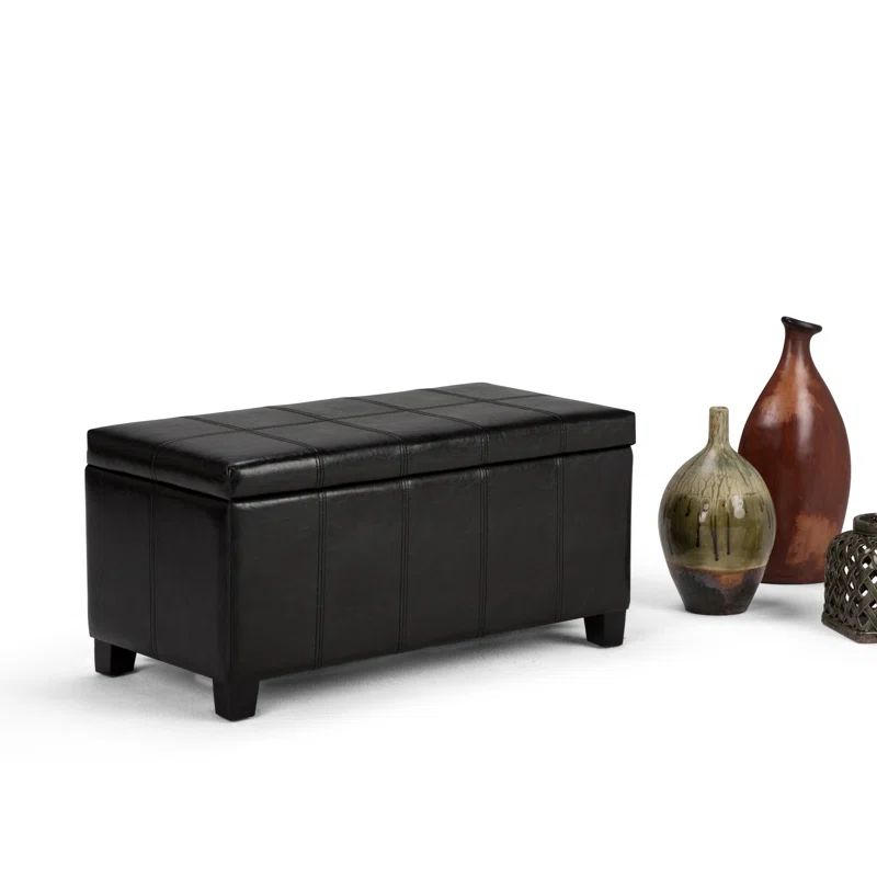 Midnight Black Faux Leather Rectangular Storage Bench Ottoman