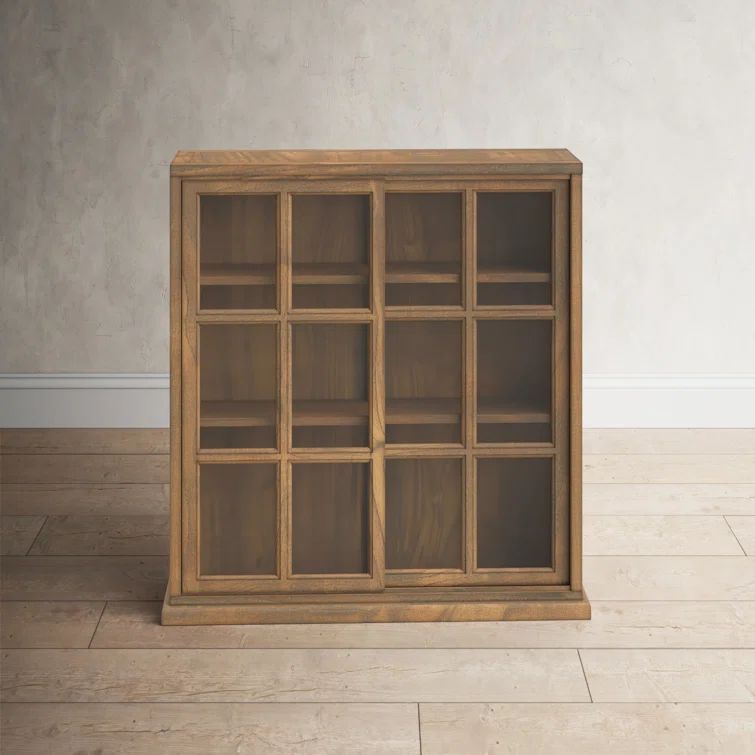 Transitional Oak 3-Tier 38" Bookcase with Sliding Glass Doors