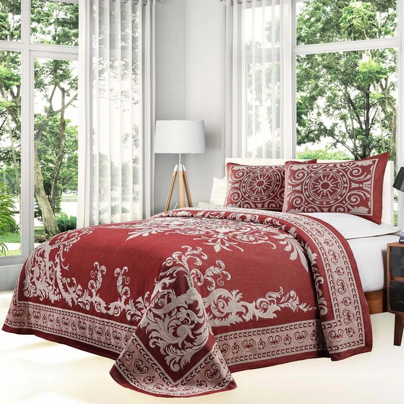 Berry Red King Cotton Blend Medallion Bedspread Set
