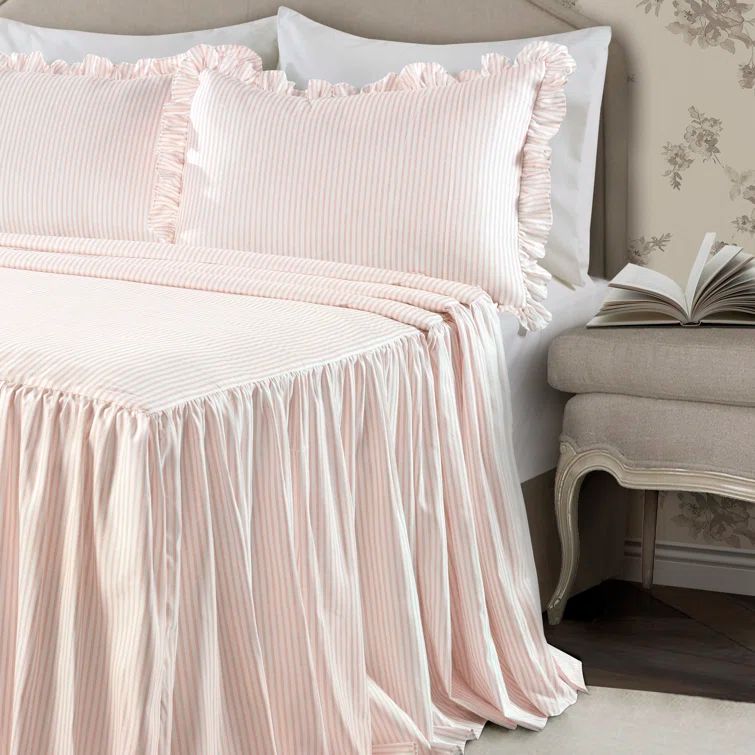 Blush Queen Ruffled Edge Pinstripe Bedspread Set