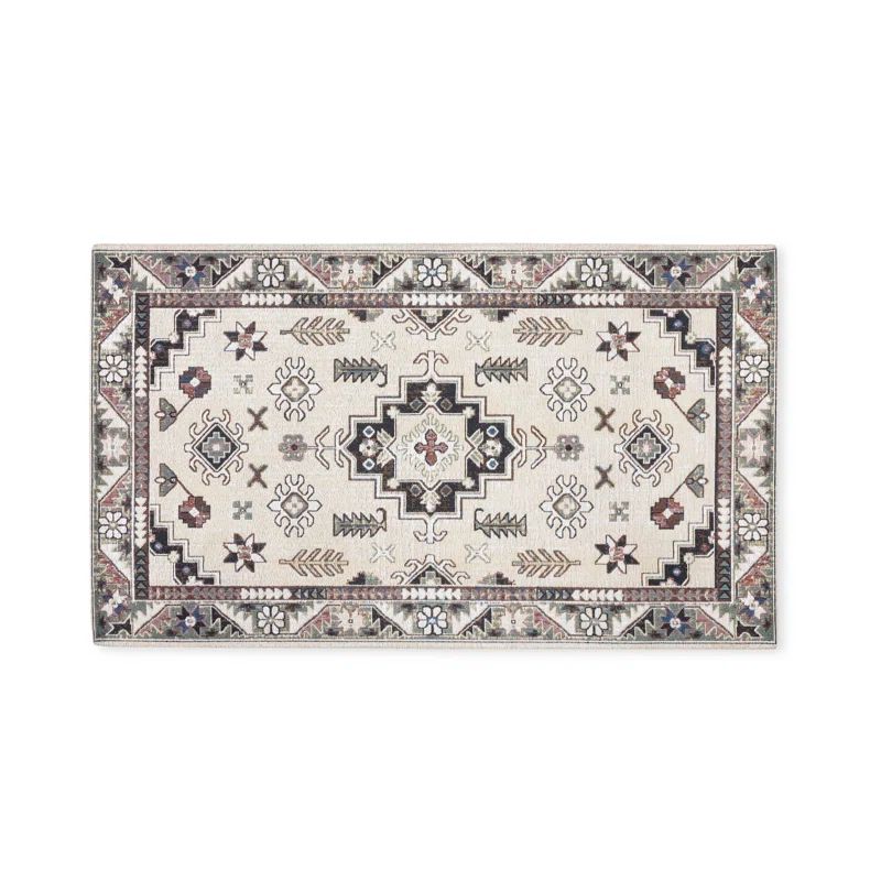 Ivory and Black Rectangular Washable Cotton Kitchen Mat
