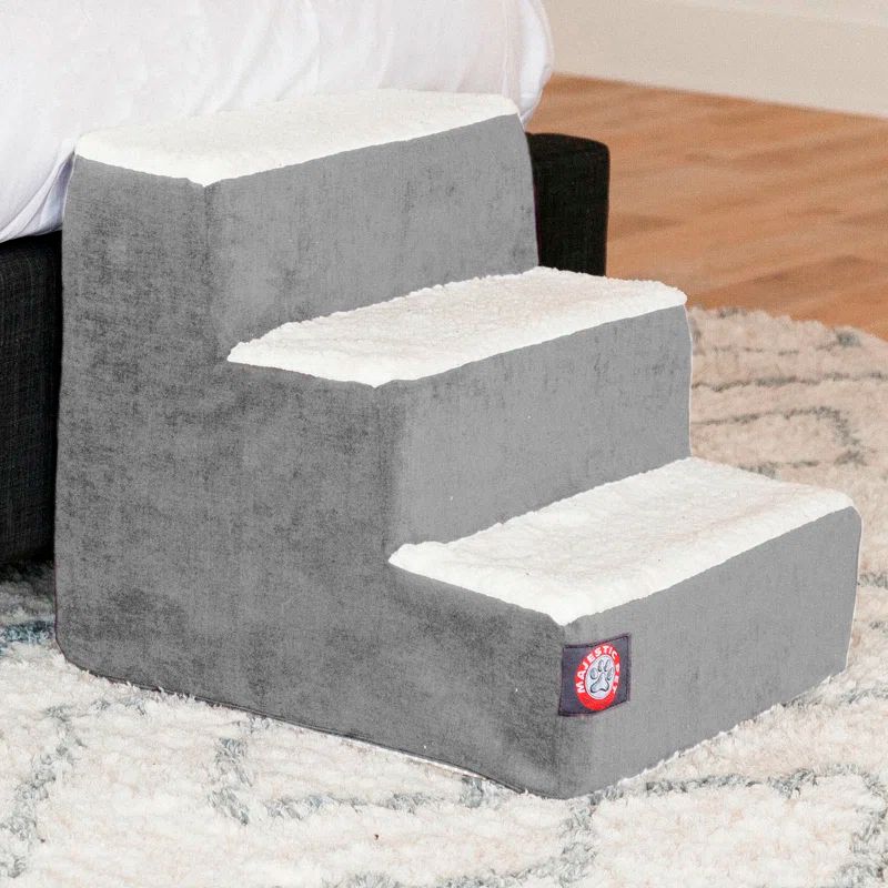 Vintage Gray 3-Step Pet Stairs with Cushioned Steps