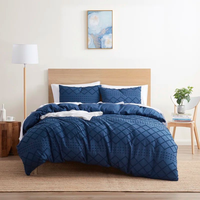 Navy Blue Microfiber Queen Pintuck Boho Duvet Cover Set