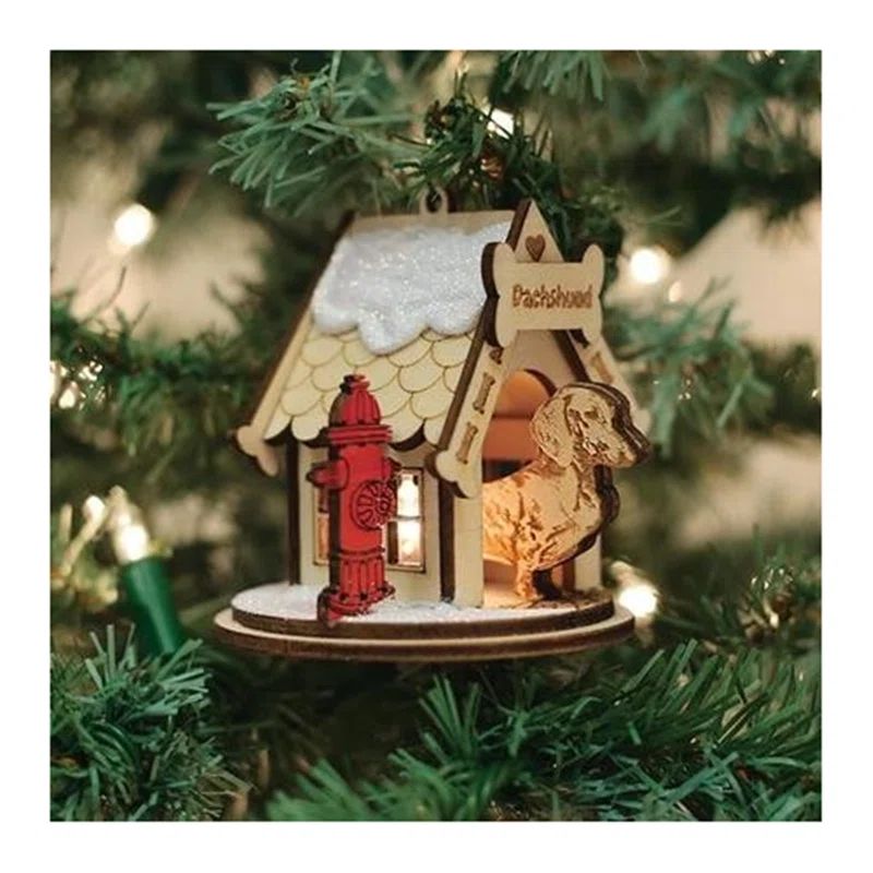 Old World Christmas Dachshund Doghouse Wooden Ornament with Light-Up Feature