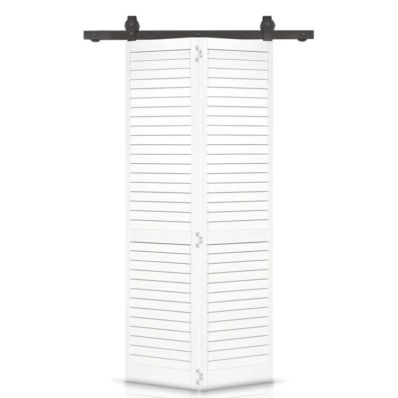 White Primed Pine Wood Louvered Bi-Fold Barn Door with Black Hardware