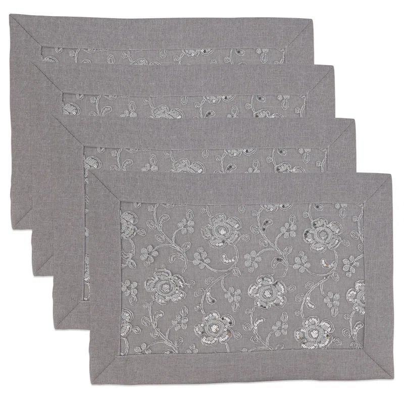Silver Floral Embroidered Rectangular Polyester Placemats Set of 4
