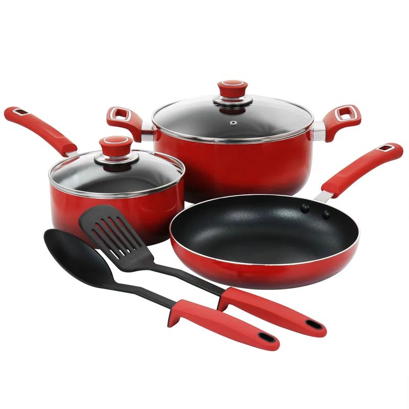 Red Non-Stick Aluminum 7-Piece Cookware Set with Plastic Handles
