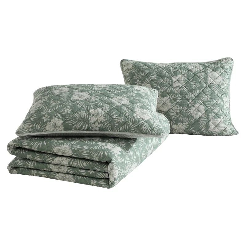 Hibiscus Jungle Green Cotton Reversible Twin Quilt Set