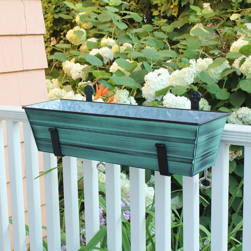 Small Green Patina Galvanized Steel Flower Box with Black Wrought Iron Brackets