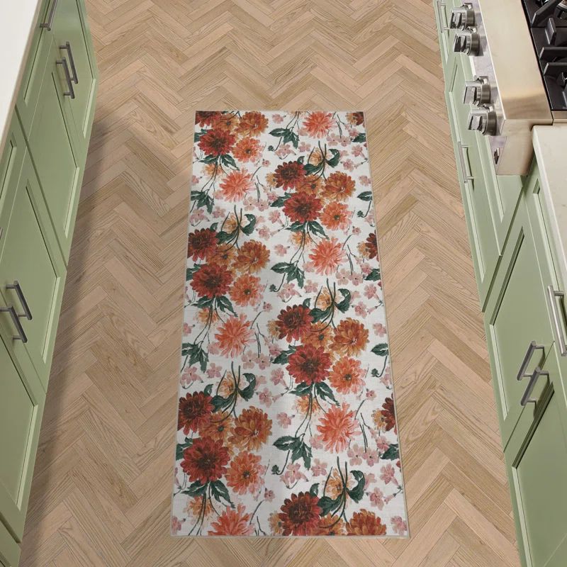 Ivory and Red Floral Chenille Runner Rug, 2'2" x 5'