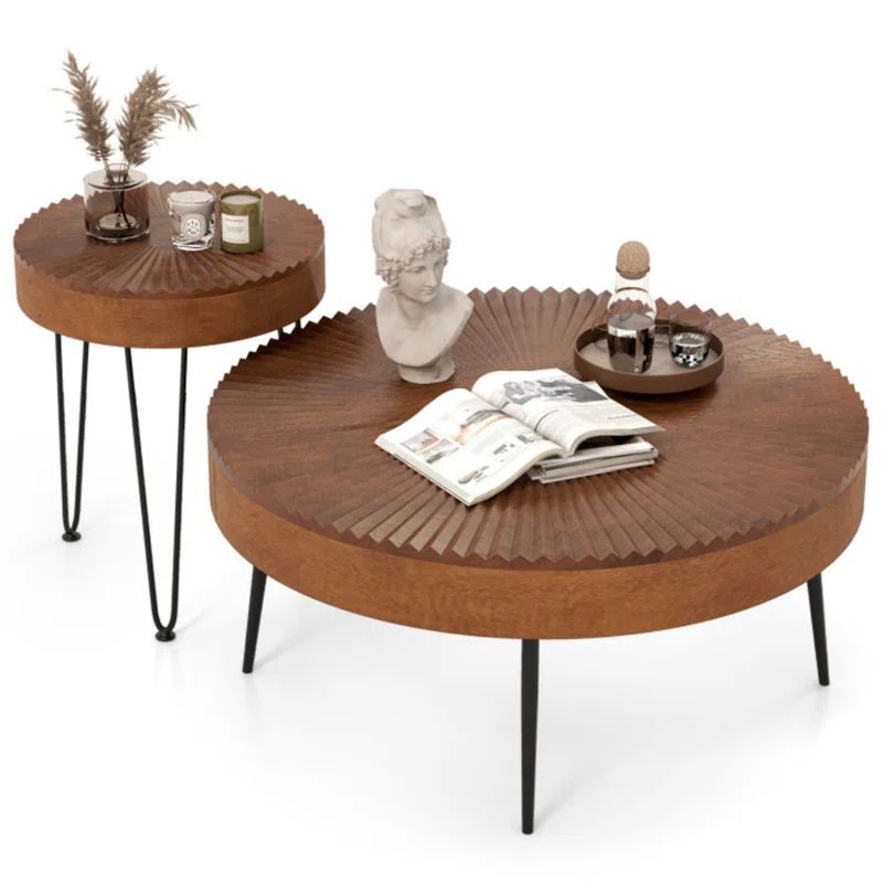 Set of 2 Round Coffee Tables with Pine Wood Tops and Metal Legs